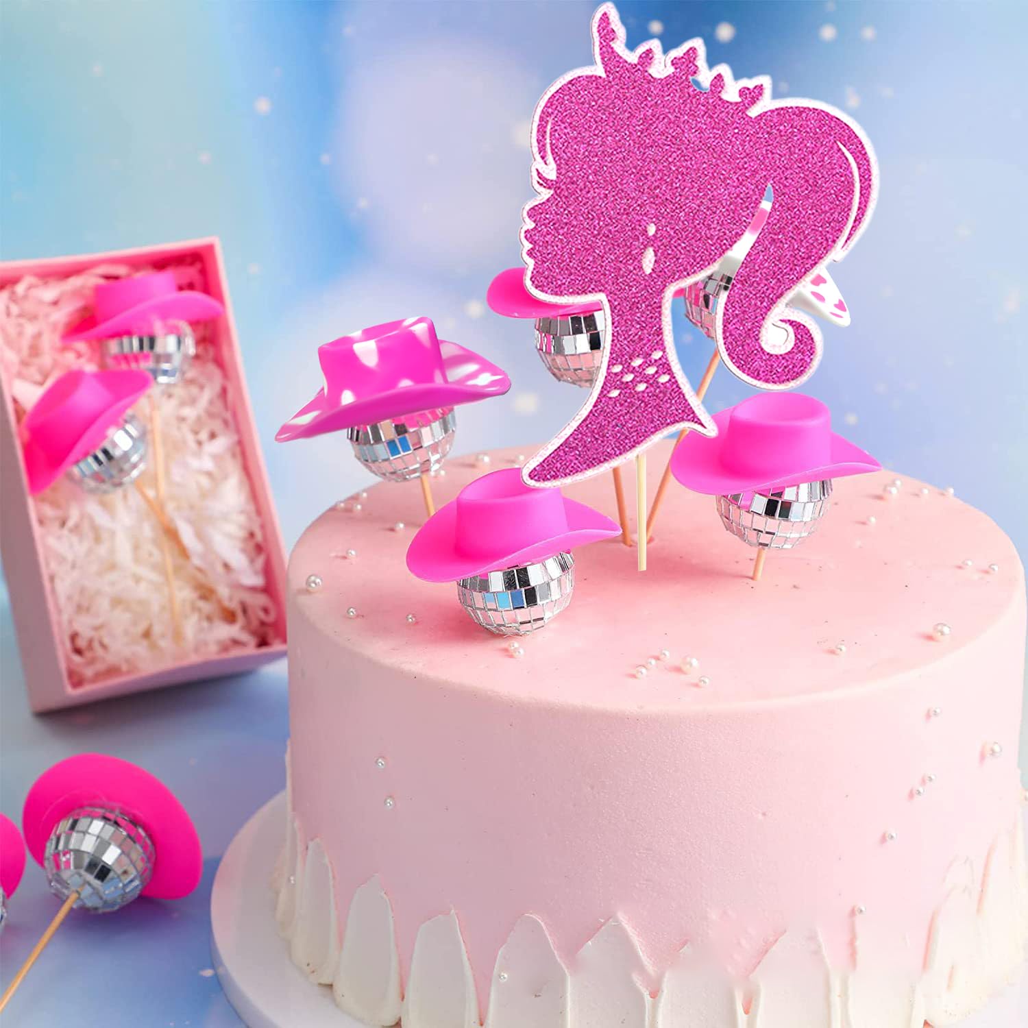 Décorations Gâteau Souris Avec Oreilles Et Arc Rose - Set Anniversaire Fille, Baby Shower - 1 Topper + 2 Oreilles + 15 Boules