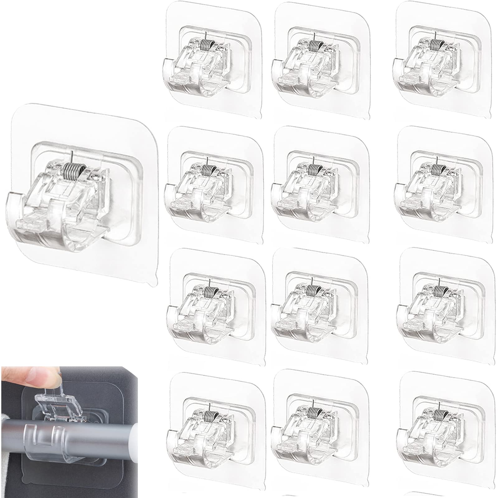 12PCS No Drilling Curtain Rod Brackets, Universal Self-Adhesive Wall-Mounted Curtain Rod Holder, Nail Free Adjustable Hardware Rod Holders for Home Bathroom and Hotel Use (Transparent)