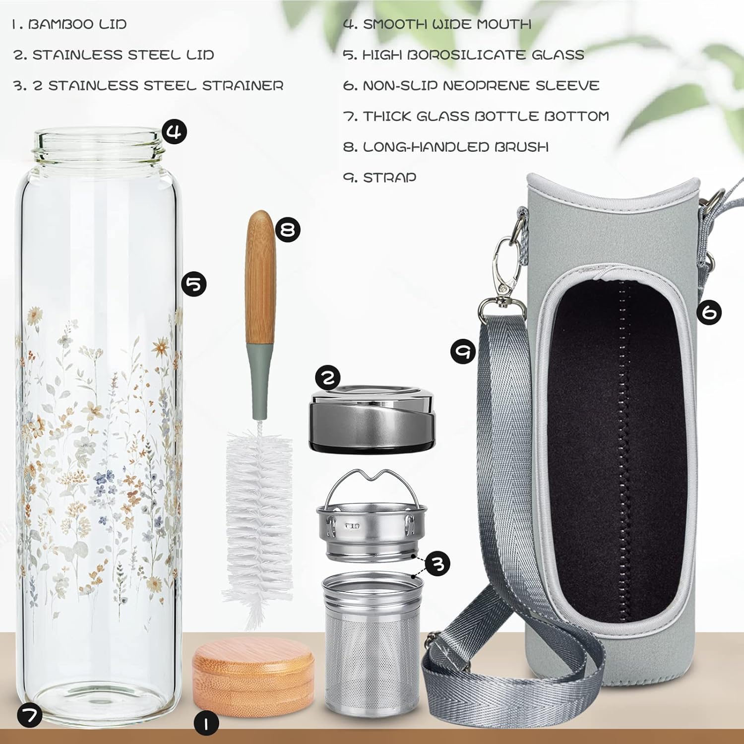 32oz Borosilicate Glass Water Bottle with Tea Infuser, Tea Tumbler with Strainer, Reusable Travel Mug with Sleeve & 2 Lids, for Hot or Cold Drinks - Image 3