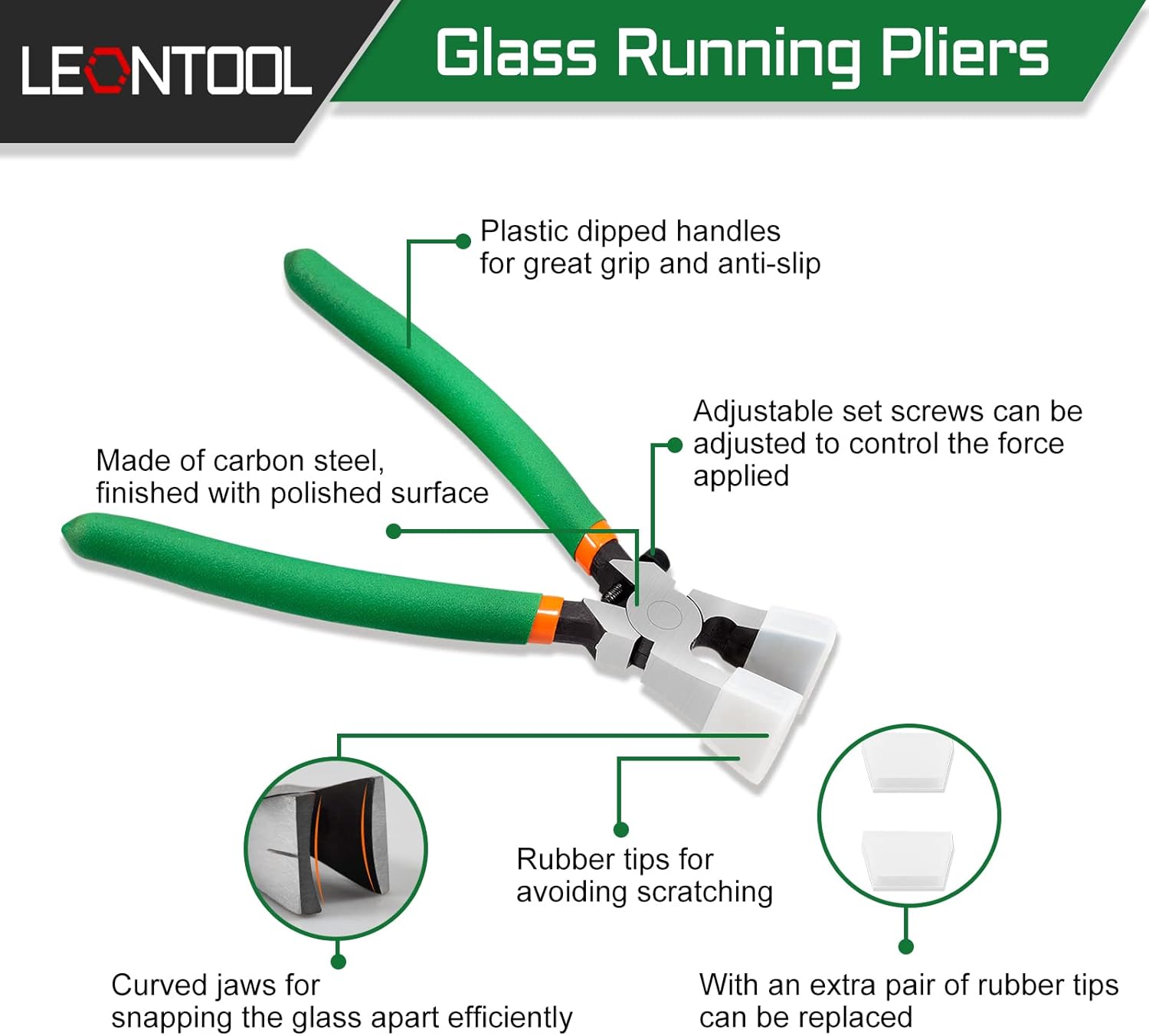 LEONTOOL 8-Inch Glass Running Pliers with 2 Pairs of Rubber Tips Key Fob Pliers with Curved Jaws Glass Cutting Pliers for Wristlet Keychain and Key Lanyard Making and Stained Glass Work