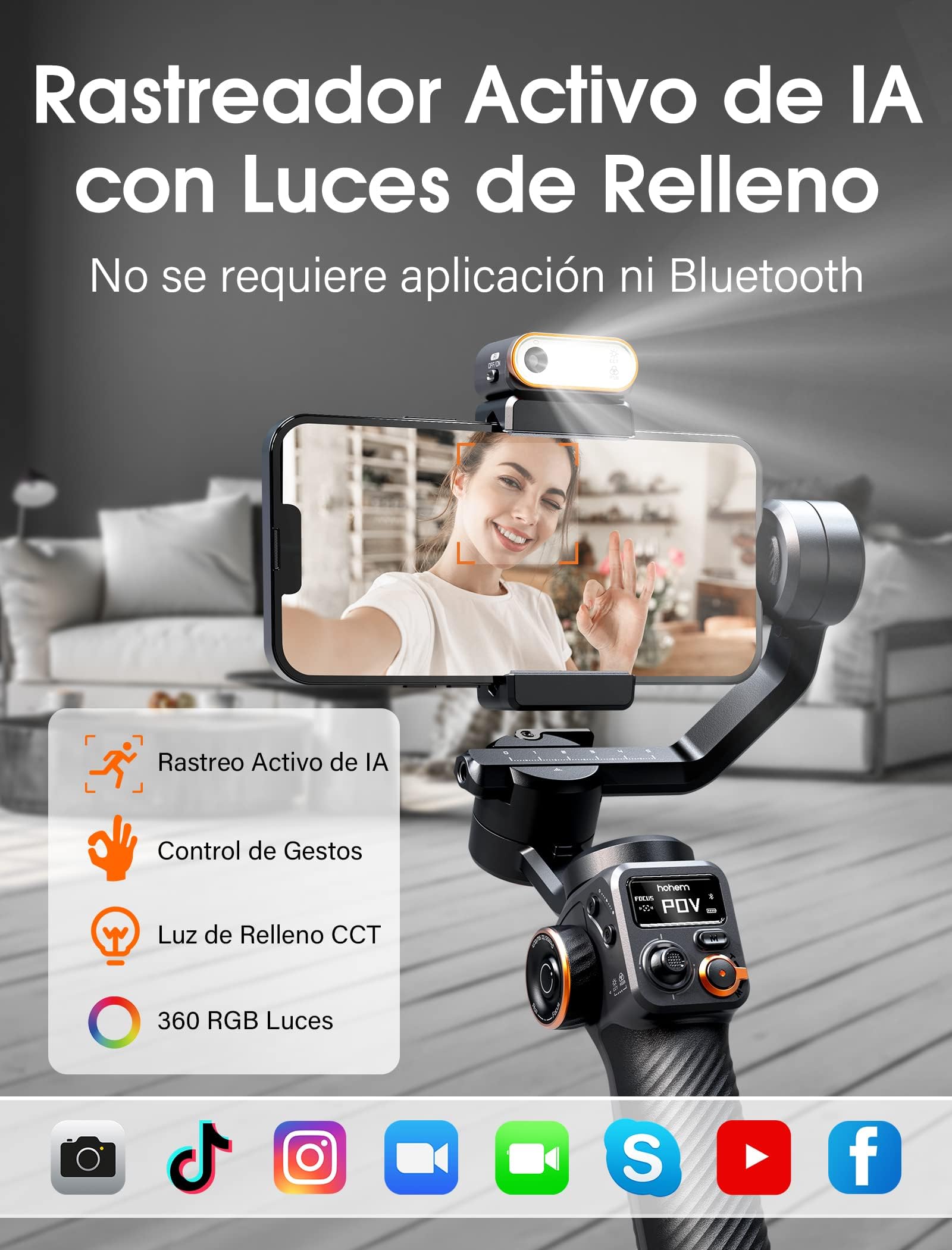 hohem iSteady M6 Kit Estabilizador de Móvil Gimbal Móvil de 3 Ejes, Seguimiento Magnético de IA con Luz de Relleno CCT/RGB Ajustable, 0,91 Pulgadas Pantalla OLED, Carga Útil 400g, para Youtube/Vlog