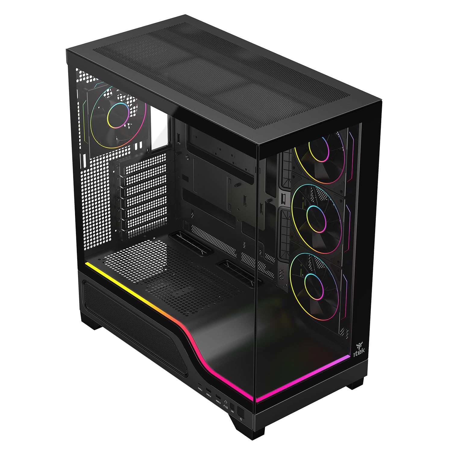 Itek Case Gaming SHOWBUI WAVE 82B - Tower ATX con 4 ventole ARGB 12 cm incluse - 2xUSB3, Type-C- e paratia frontale e laterale in vetro temp scuro