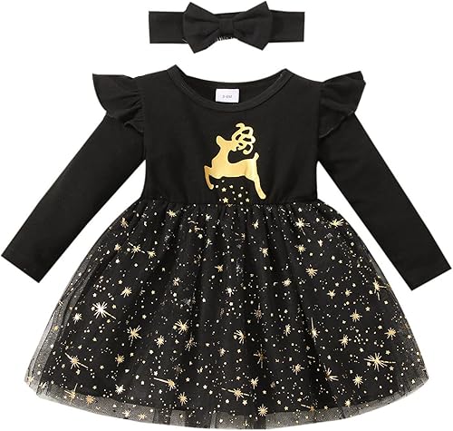 Vestidos de tul con estampado de letras de manga larga de Navidad para niñas y bebés con corbatín regalos para niñas de 3 a 6 años disponible en Yaxa Colombia