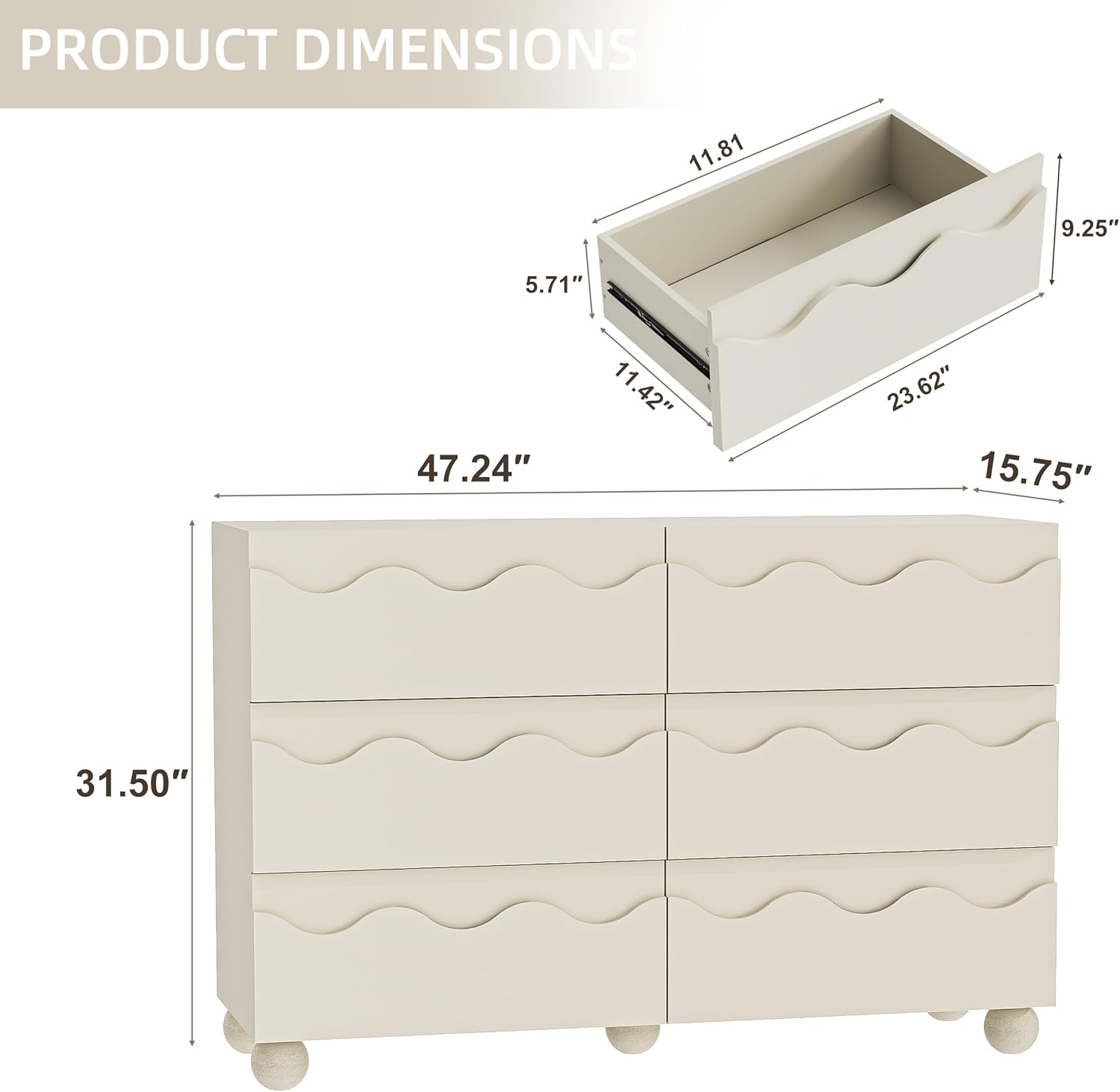 Anbuy Begie Scalloped Dresser for Bedroom with 6 Drawers, 47" Wide Modern Chest of Drawers with Hidden Handle, Wooden Dresser, Fluted Wood Closet Clothes Storage Organizer for Living Room, Hallway