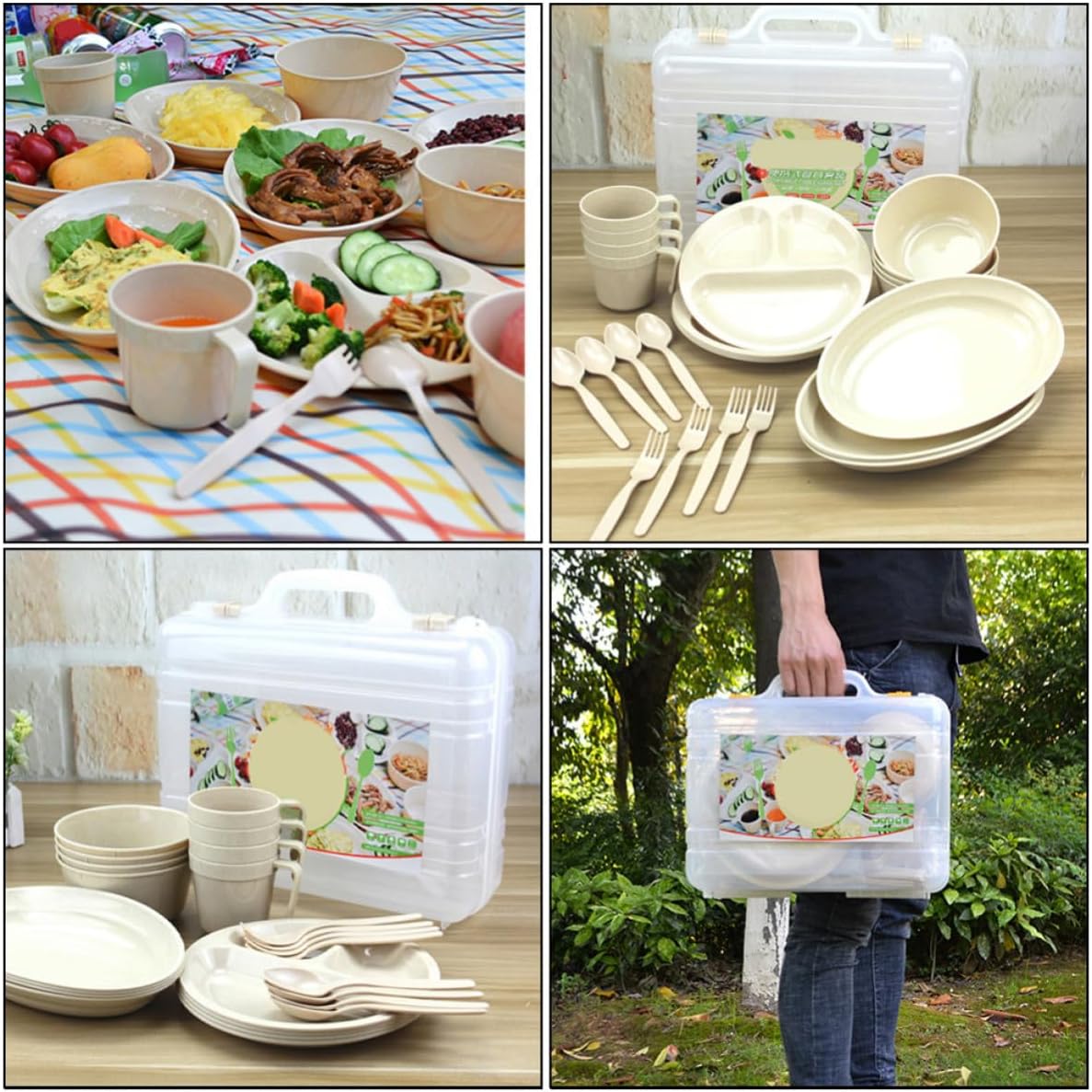 Portable and Set Plastic 24pcs Camping Tableware Plates with Cups Forks Spoons, Made of Sturdy Pp Material, Easy to Use and Extremely Safe for Indoor and Park Picnic