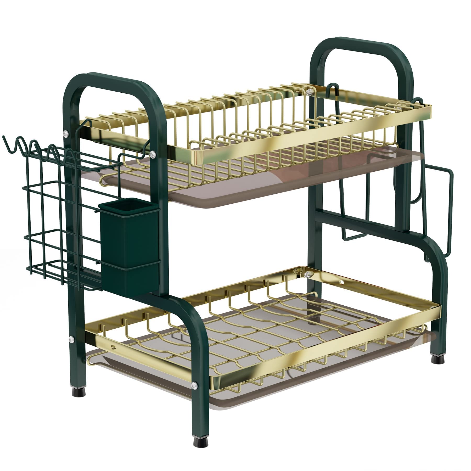 AAFLY Dish Drying Rack,2 Tier Stainless Steel Dish Rack Drainboard Set,Utensil Holder, Cutting Board Holder,Dish Drainer for Kitchen Counter,Space-Saving (Green)