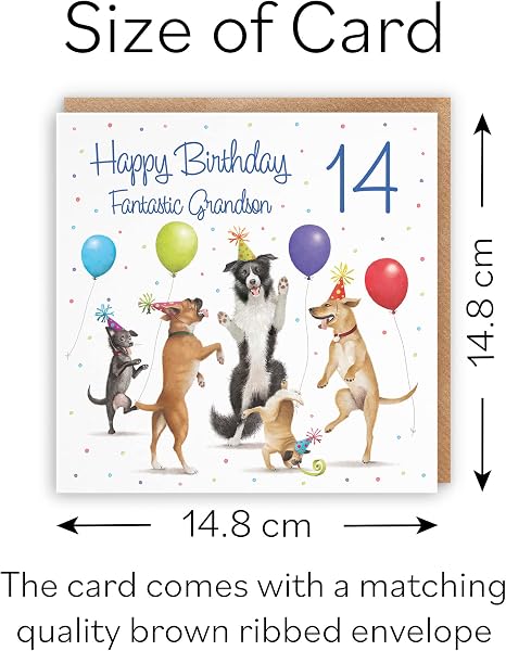 Hunts England - 14th Grandson Birthday Card - Dancing Dogs - Fantastic Grandson - Age 14 - Funny Boy's 14th Birthday Card - Milo's Gallery - Age Fourteen - 5