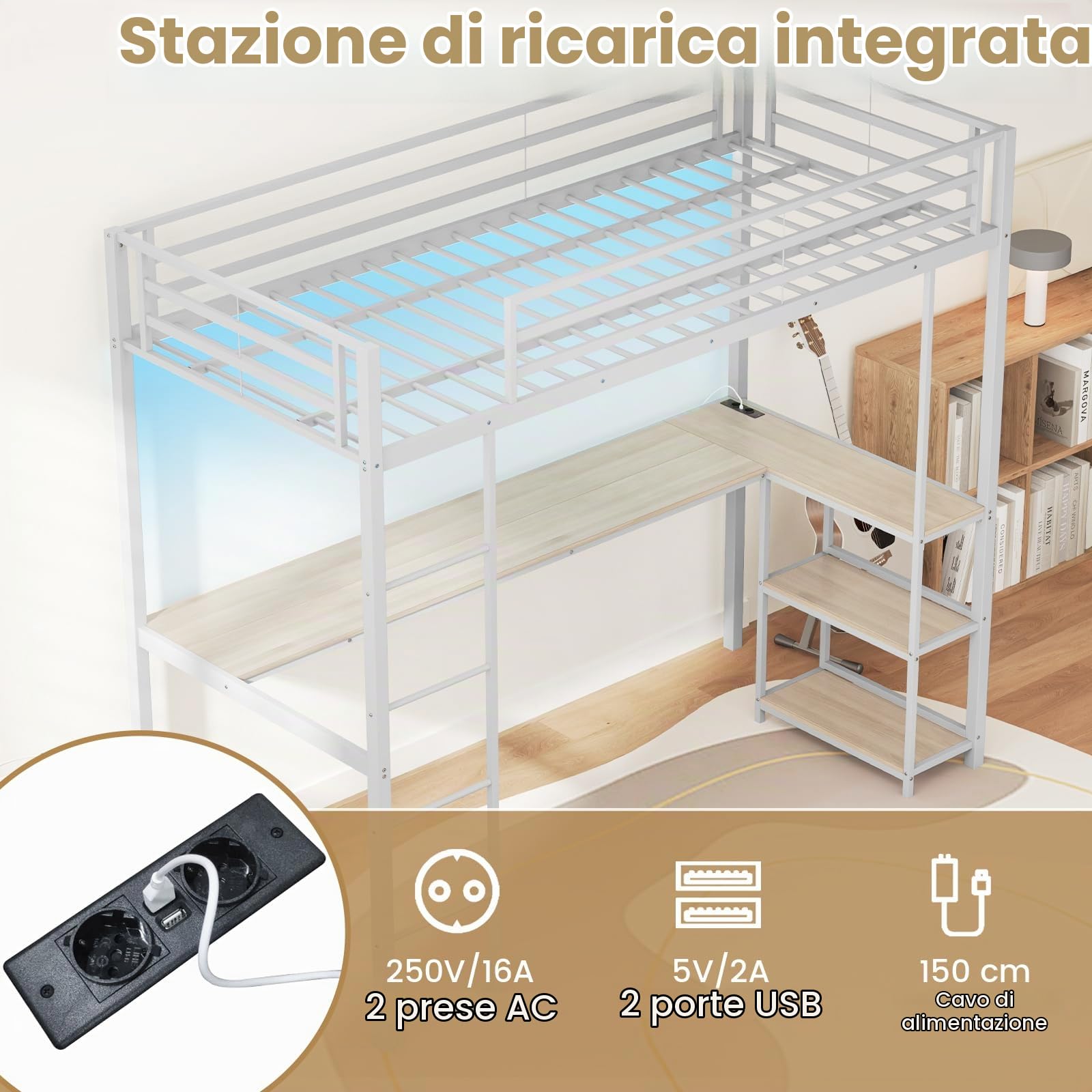 LIFEZEAL Struttura Letto a Soppalco con Scrivania, Luci, Multipresa, Barriere di Sicurezza, 90x200cm, Letto a Castello in Metallo, Rete a Doghe, Remoto Controllo, Illuminazione, Cameretta, Argento