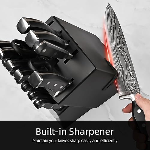 Miniatura 4 de Emojoy - Juego de cuchillos de 18 piezas para cocina con bloque, cuchillos de cocina de acero inoxidable con afilador integrado, tijeras y tenedor