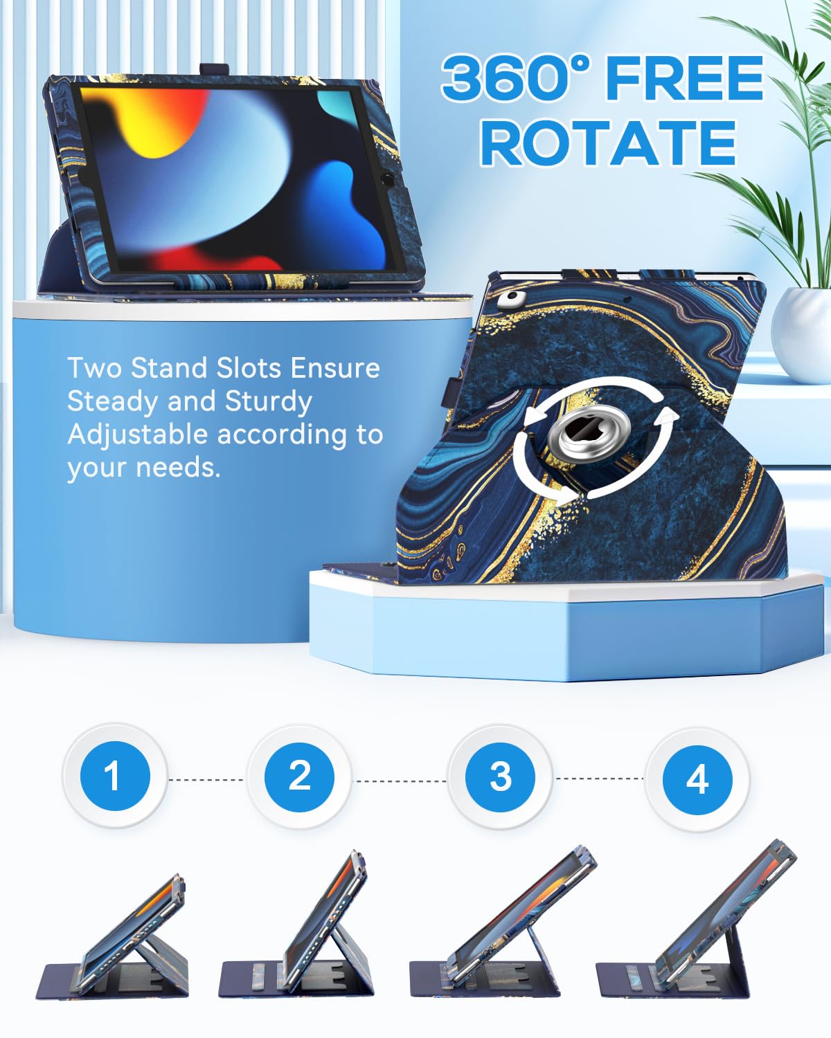 IPad 9./8./7. Gen Hülle Mit 360° Ständer – Leder-Optik, Stifthalter, Kartentasche, Marmor Blau