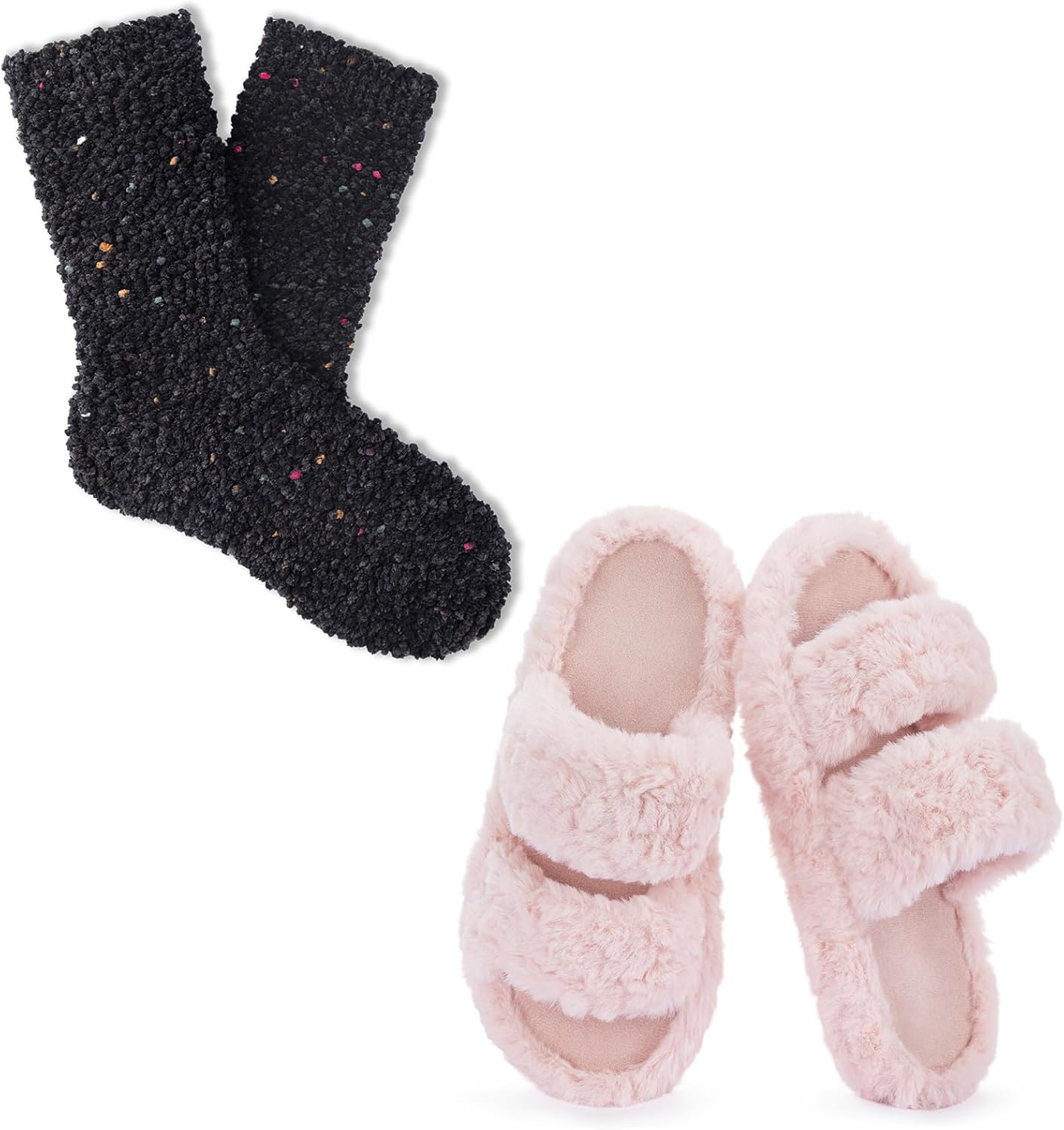 RockDove Women's Pluffie Slippers and Chenille Lounge Socks Gift Bundle – Arch Support Memory Foam House Shoes and Soft Plush Socks, Cozy Indoor/Outdoor, Gift-Ready Comfort Set