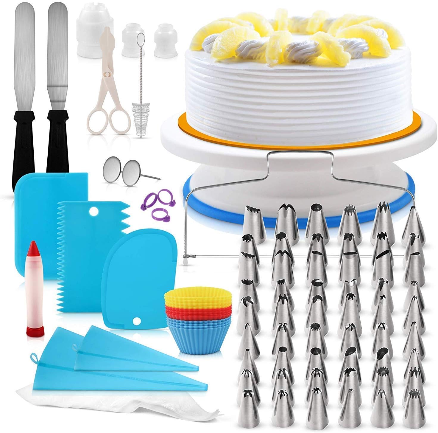 H3 Innovations- 118pc Cake Decorating Supplies | Cake Decorating Kit | Cake Turntable | Numbered Piping Frosting Tips with Guide | Cake Leveler | Cake Stand | Cupcake Decorating | Piping Bags and Tips
