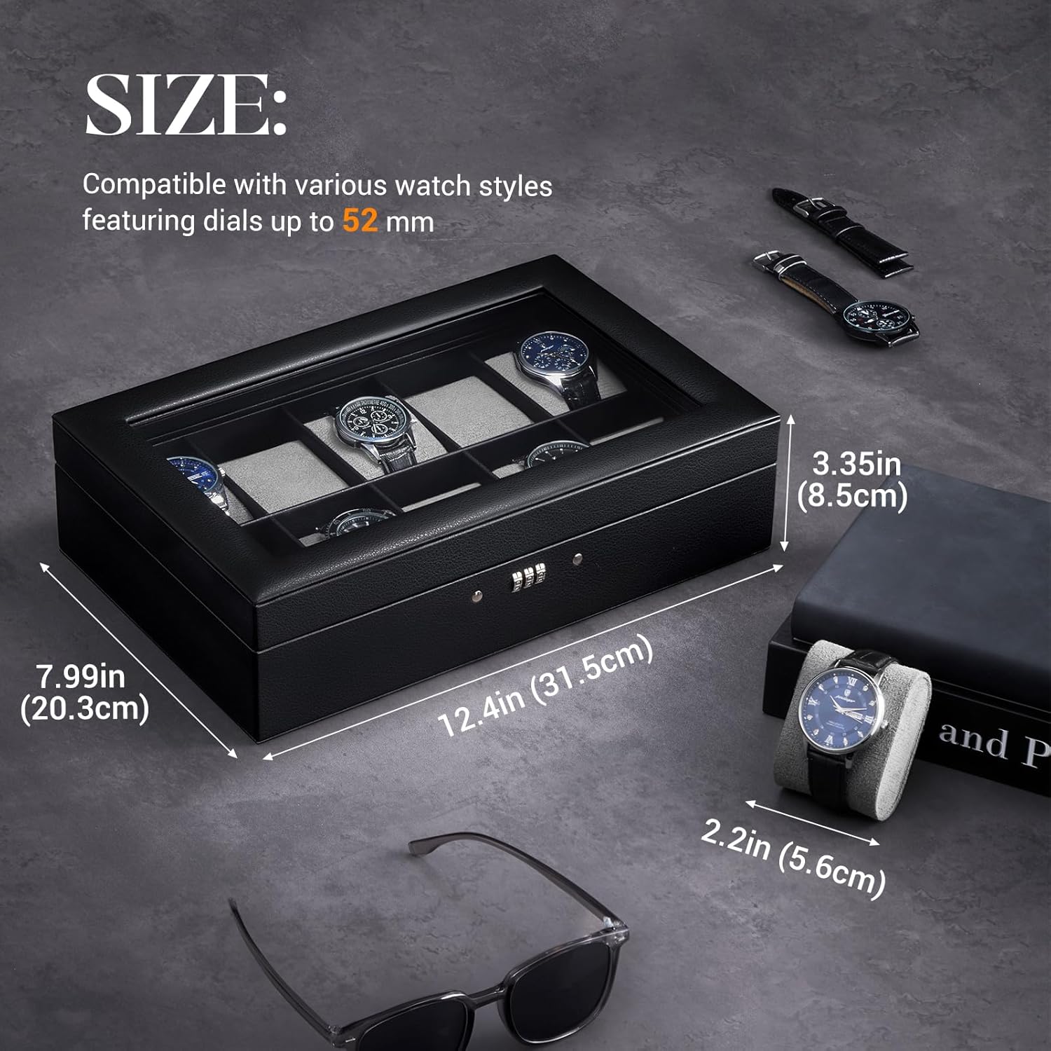 ProCase Lockable Watch Case, 10-Slot Display Storage Box with Glass Lid, Scratch-Free Velvet Lining & Combination Lock, Secure Watch Organizer for Men, Home, Office or Store Display - Black