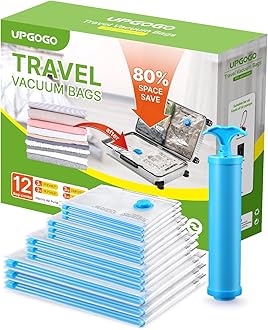 UPGOGO Vacuum Bags for Travel, 12 Pack with Hand Pump, Space Saver Vacuum Storage Bags, Travel Essentials, Clothes, Blankets, Pillows