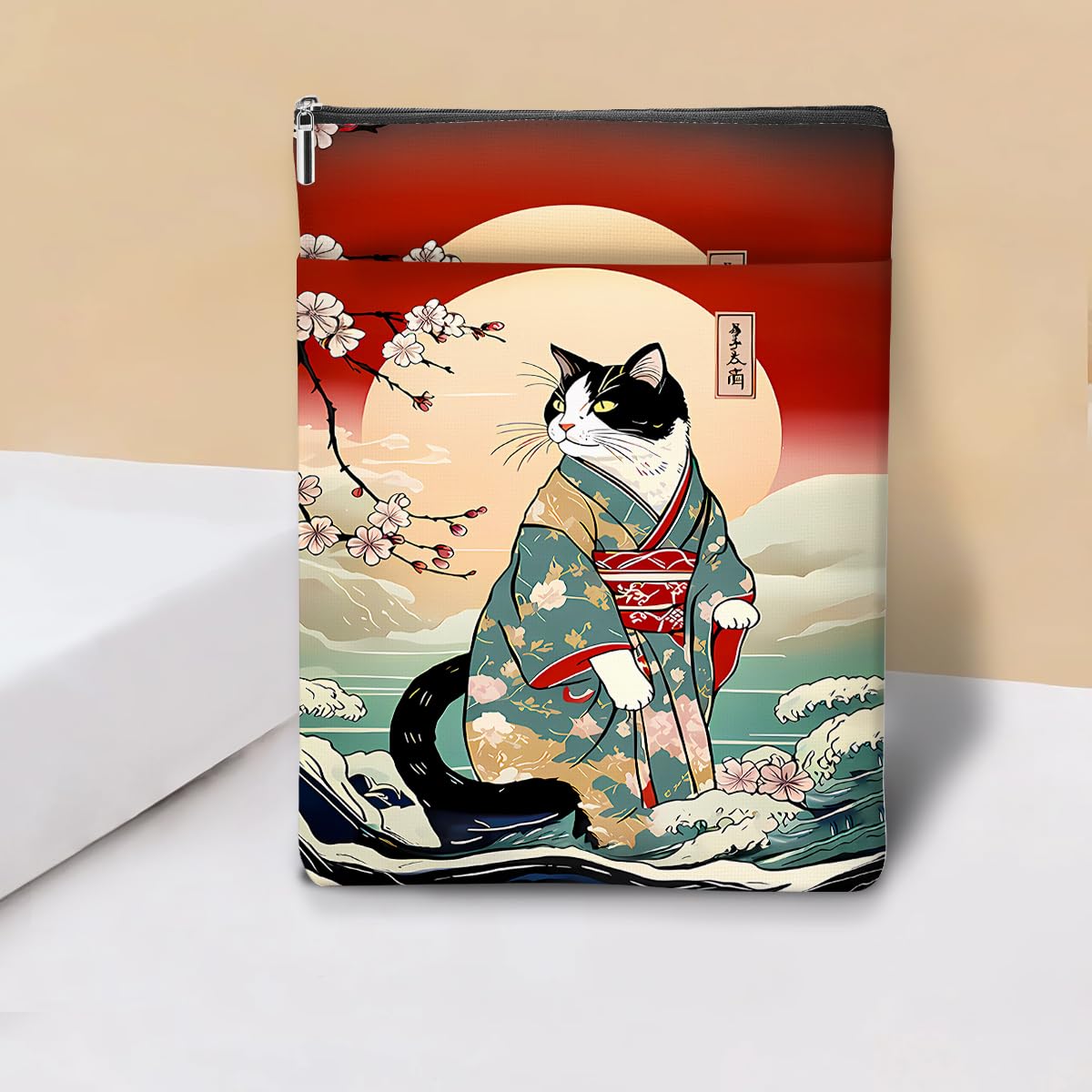 Japanese Kimono Cat Ocean Book Sleeve, Book Lovers Gifts Sleeve with Zipper & Front Pocket, 11.5x8.8 Inch Canvas Books Cover Protector Bookish Cat Lover Gifts for Readers Women Friend Birthday Gift