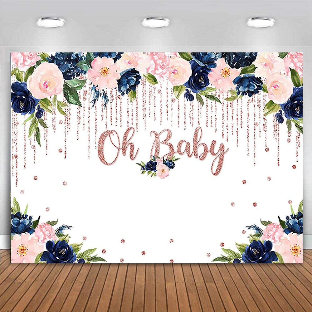 Baby Shower Party Backside Rustic Wood Navy Blue Flowers Oh Baby It's a Boy Girl Baby Floral Pography Background Table Banner