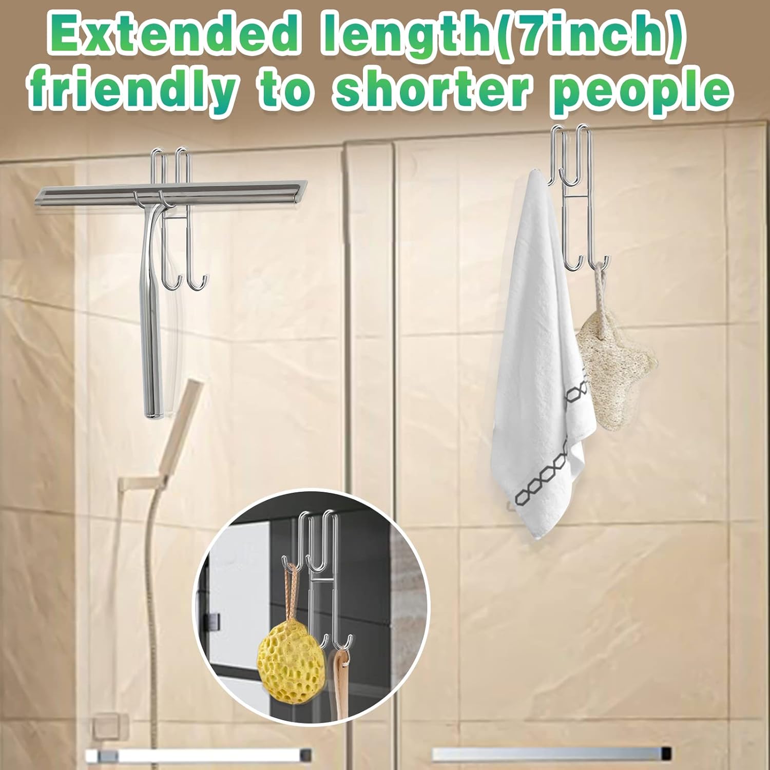 Cerbonny Shower Door Hooks, 2 Pack Extended Double Towel Hooks for Bathroom Frameless Glass Shower Door, Heavy Duty Stainless Steel Bathroom Hanger Without Perforation