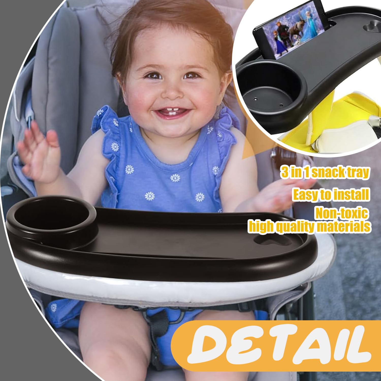 Vassoio per Passeggino Universale, Regolabile Vassoio Universale per Passeggino, Vassoio per Passeggino 3 in 1, Rimovibile Vassoio per Snack con Portabicchieri, per La Maggior Parte Dei Passeggini