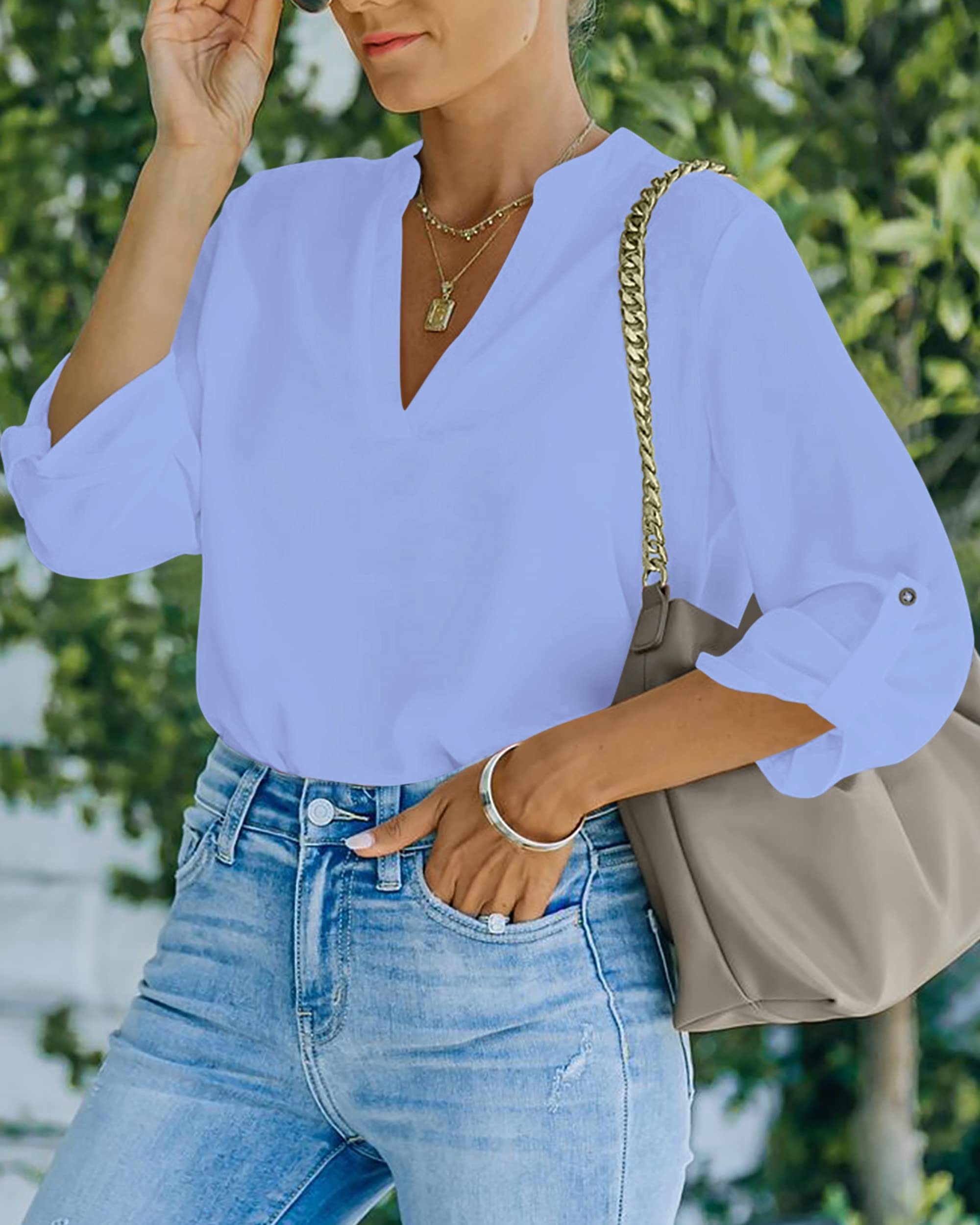 NONSAR Camicetta da donna Henley, elegante, con scollo a V, maniche arrotolabili, in stile casual