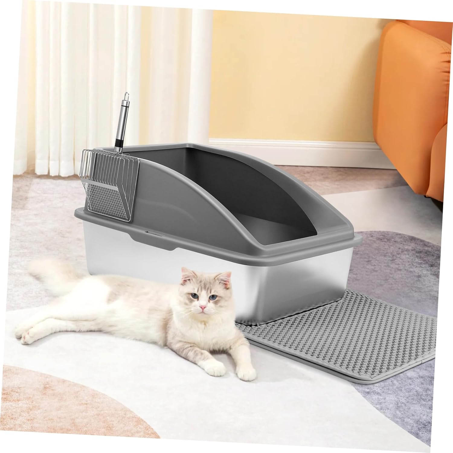 Kisangel 1set Extra Large Stainless Steel Cat Litter Box with High Sides Easy to Deep Litter Box for Indoor and Non-Stick Mat Modern