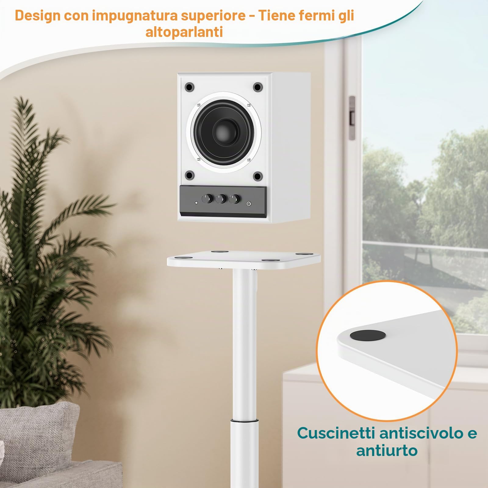 ELIVED Supporto universale per altoparlante regolabile in altezza fino a 95 cm, con base in vetro e canalina interna per altoparlante da scaffale, 10 kg, colore bianco