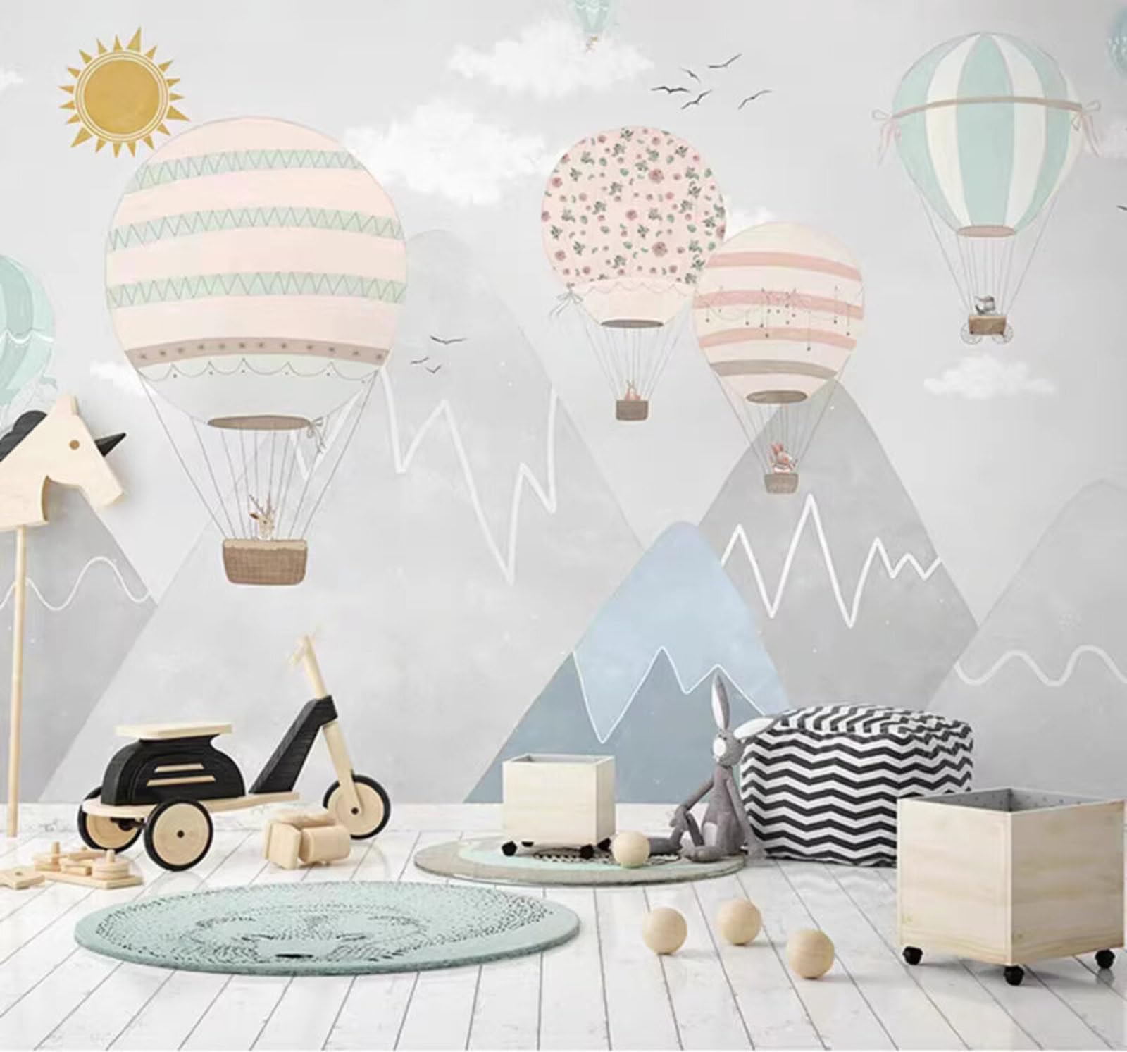 Xlming 430Cm×300Cm(B×H) Cartoon Geometric Mountain Peaks Hot Air Balloon Sunrise 3D Wallpaper Luxury Silk Study Dining Feature Sofa Grey Bedroom Living Room Tv Decorative Wall-430Cm×300Cm