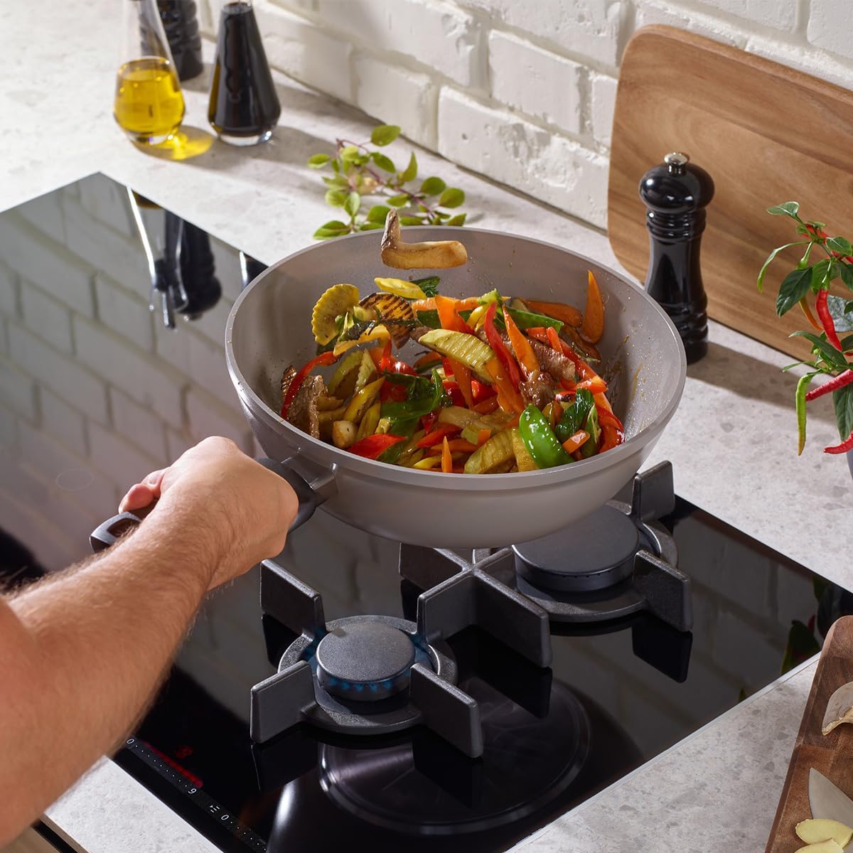 Fissler Ceratal Comfort Ceramic 12 Inch Non-Stick Wok, Warm Grey, Made without PFAS
