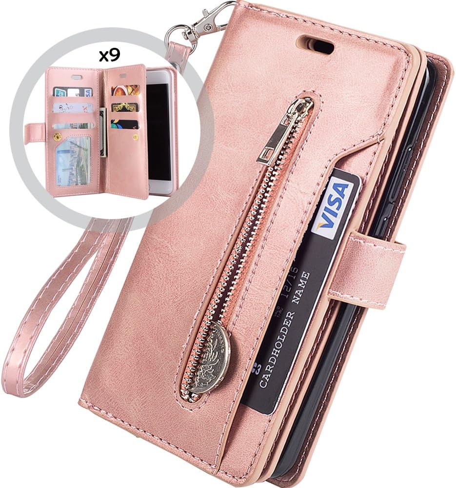 iPhone 8 Plus Case Wallet,Auker Trifold 9 Card Holder Flip Flop Sleek Faux Leather Folio Book Design Fold Stand Zipper Wallet Clutch Case with Strap&Money Pocket for Women/Men iPhone 7 Plus Rosegold
