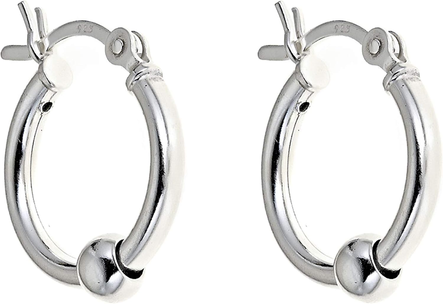 Sterling Silver Small Sliding Ball Tubular Snap Hoop Earrings 15mm