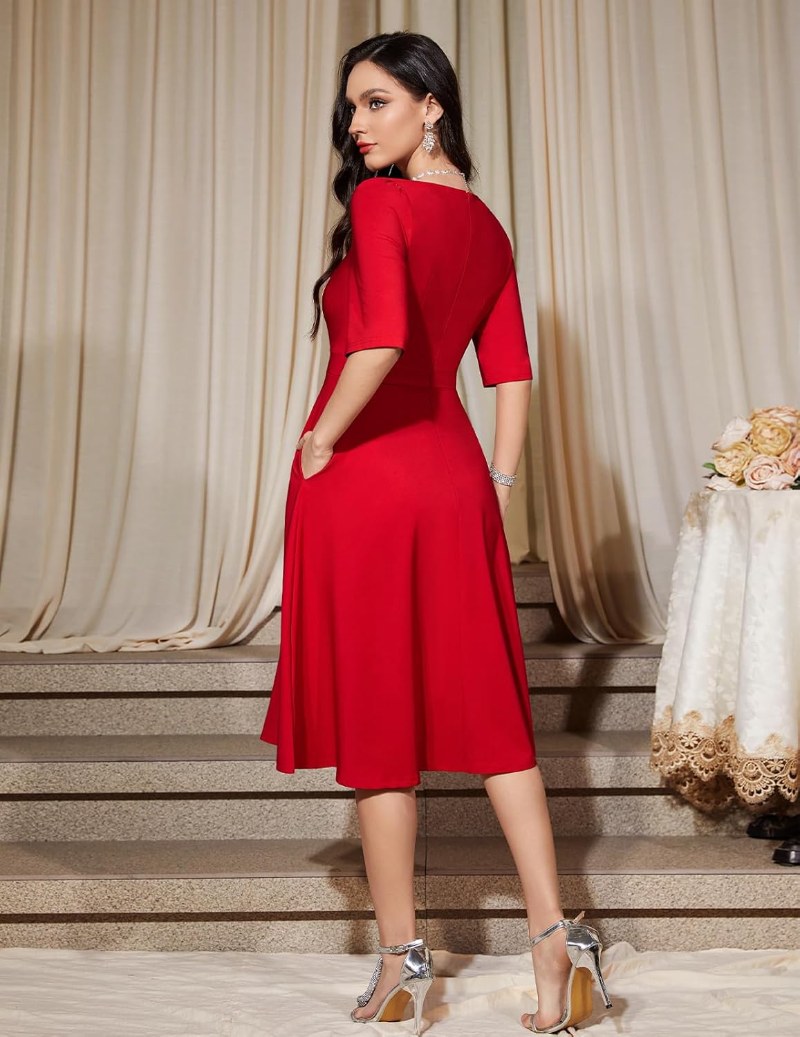 Bbonlinedress Women Cocktail Dress Formal Wedding Guest 3/4 Sleeve A-Line Swing Square Neck Church Midi Tea Prom Dress - Image 3