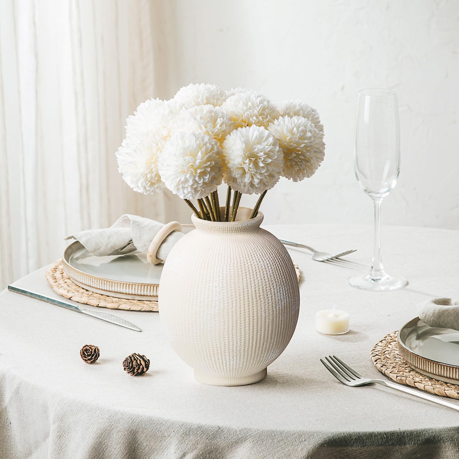 Ceramic Decorative Flower Vase - Rustic Farmhouse Boho Ceramic Vase for Home Decor, Table Centerpiece, Living Room, Bathroom, Book Shelf, Mantel Decoration, Wedding Decor (6.8" White)