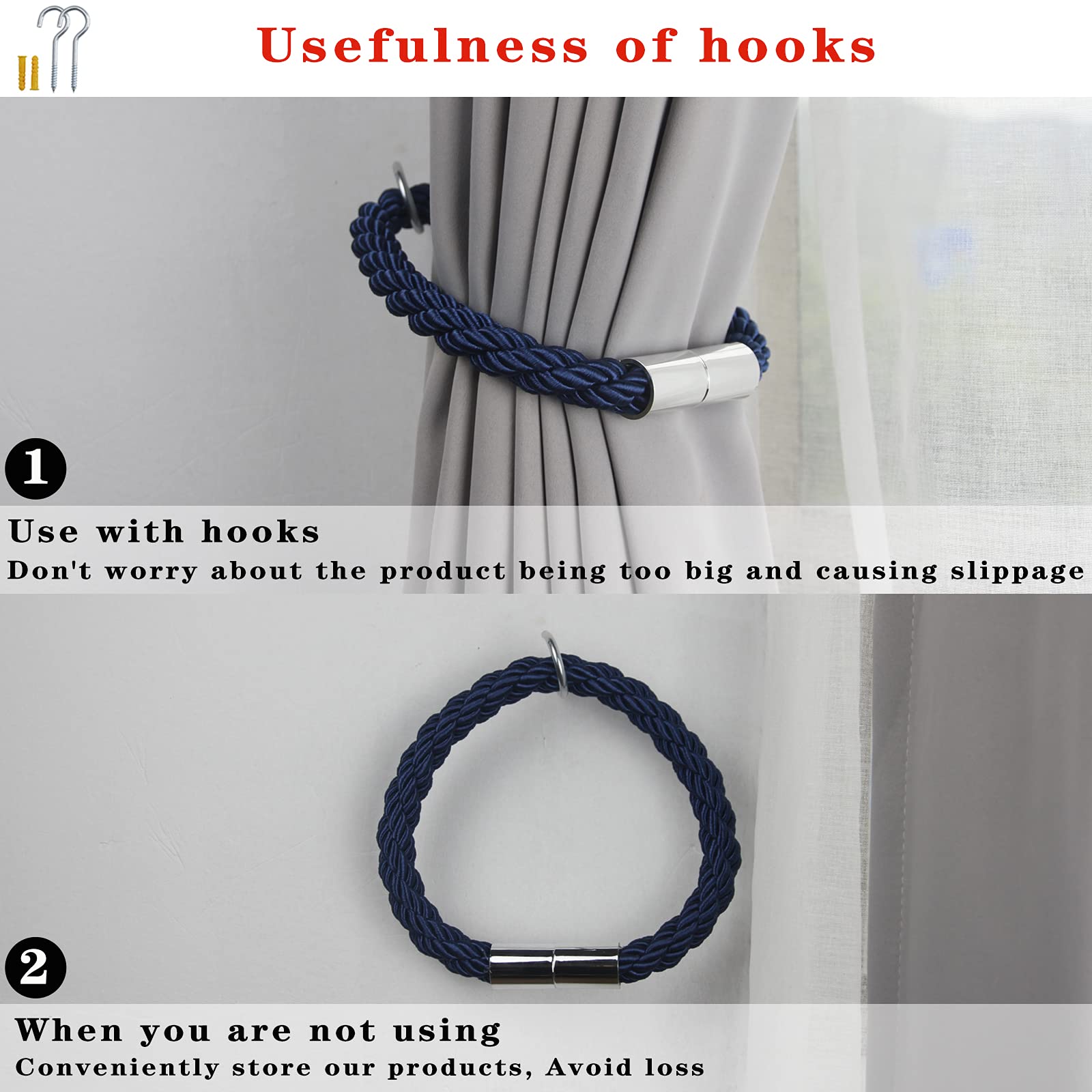 Lot de 6 embrasses de rideaux magnétiques solides - Bleu marine - 50 cm - Attaches pratiques pour rideaux fins ou épais avec crochets en métal - Légèrement lourdes