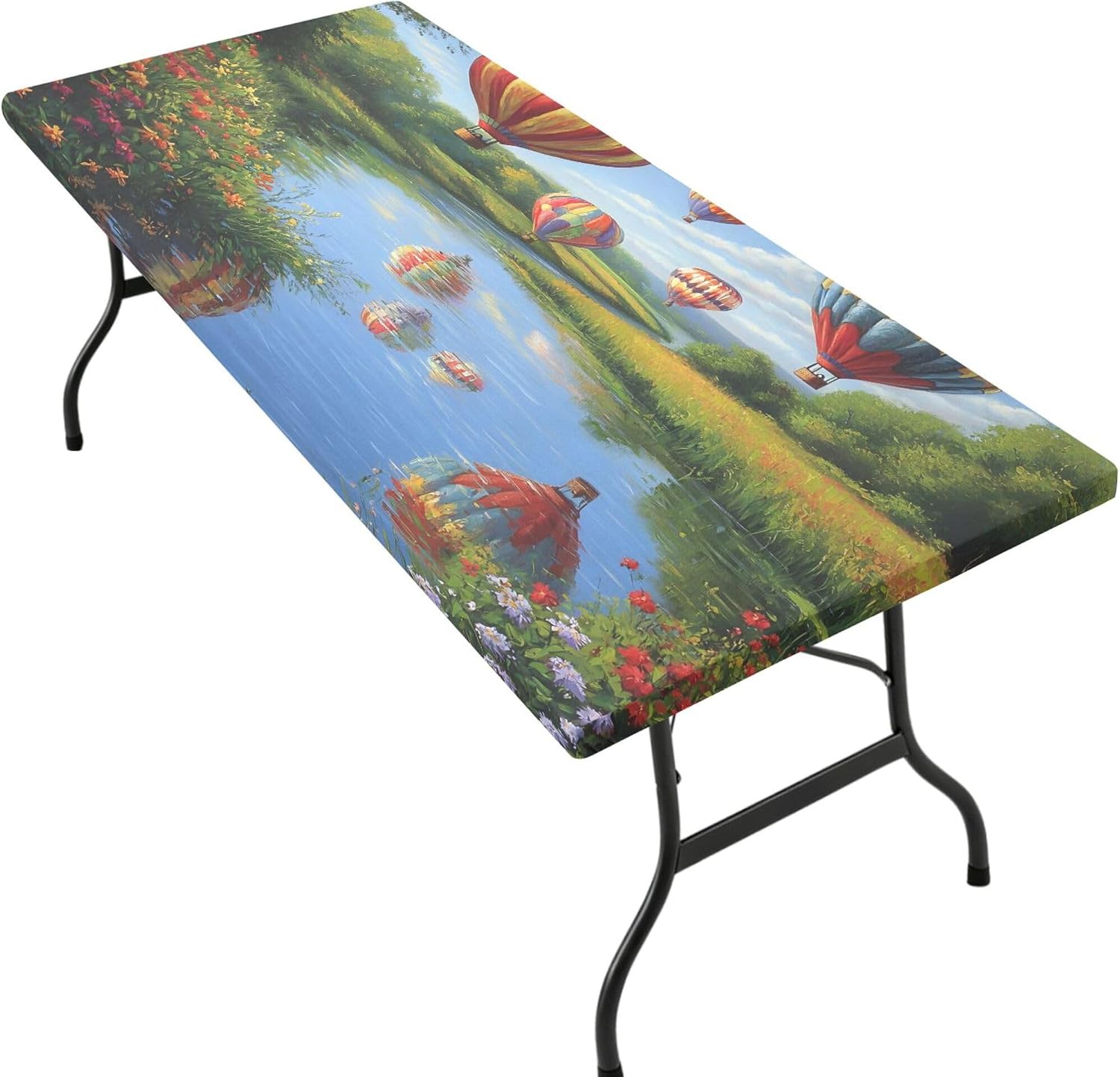Colorful Hot Air Balloons Stretch Fitted Table Cover for 6ft Fold-in-Half Table, Wrinkle-Free Outdoor & Indoor Decorative Table Protector, 2.5ft X 6ft