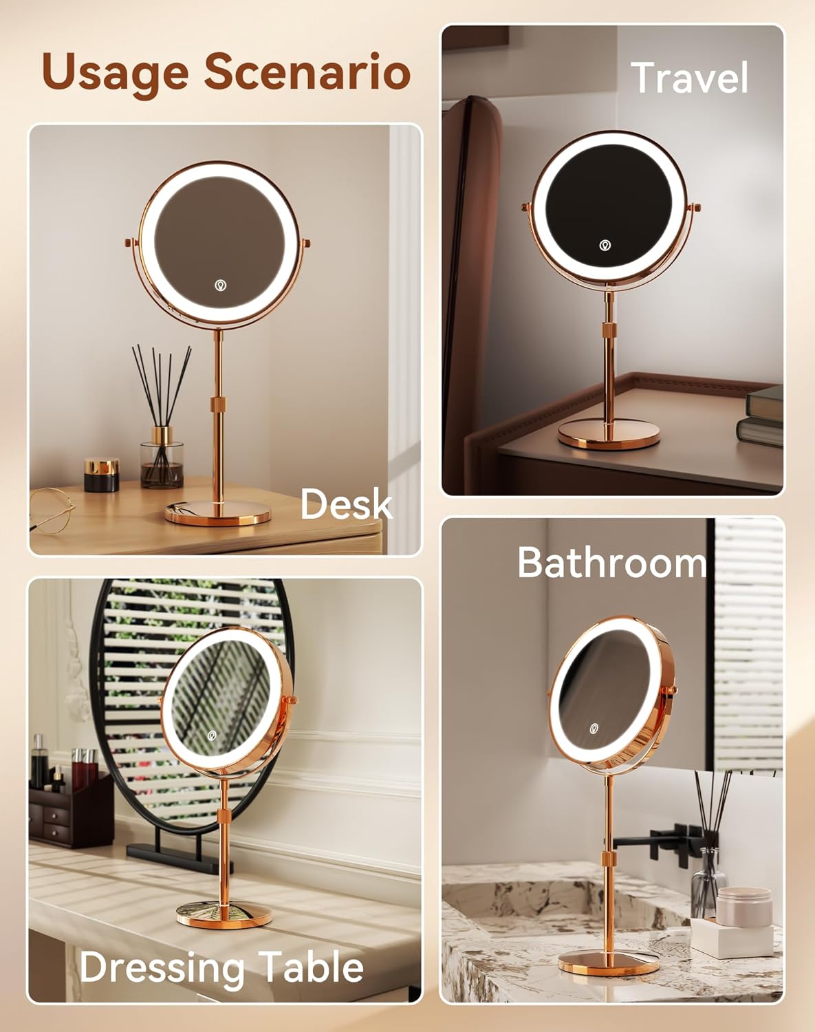 Nicesail LED Makeup Mirror 10X Magnification, 8 Inch Light Magnifying Mirror with 3 Color Light, Height Adjustable Brightness Vanity Mirror with Stand, 360 Rotation Double Sided for Make up, Rose Gold