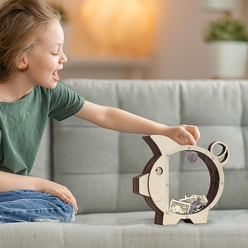 Miniatura 6 de Alcancía de madera Boalord para niños, niñas, niños y adultos, transparente, dinero real, monedero, regalos para niños pequeños