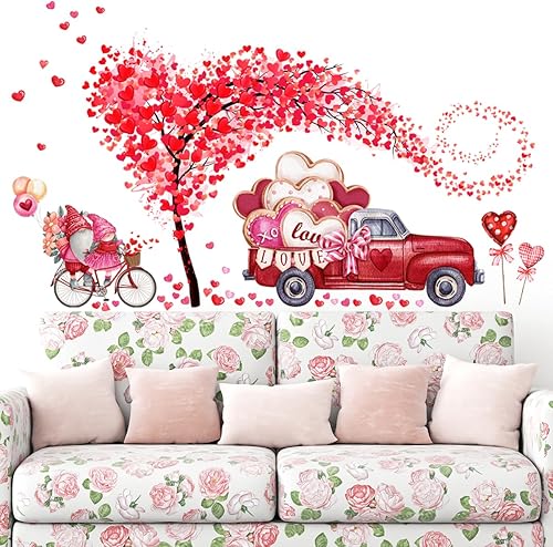 Miniatura 4 de Calcomanías de pared para el día de San Valentín, 2 hojas de calcomanías de pared de árbol de corazón, gnomo rojo, calcomanías de pared extraíbles
