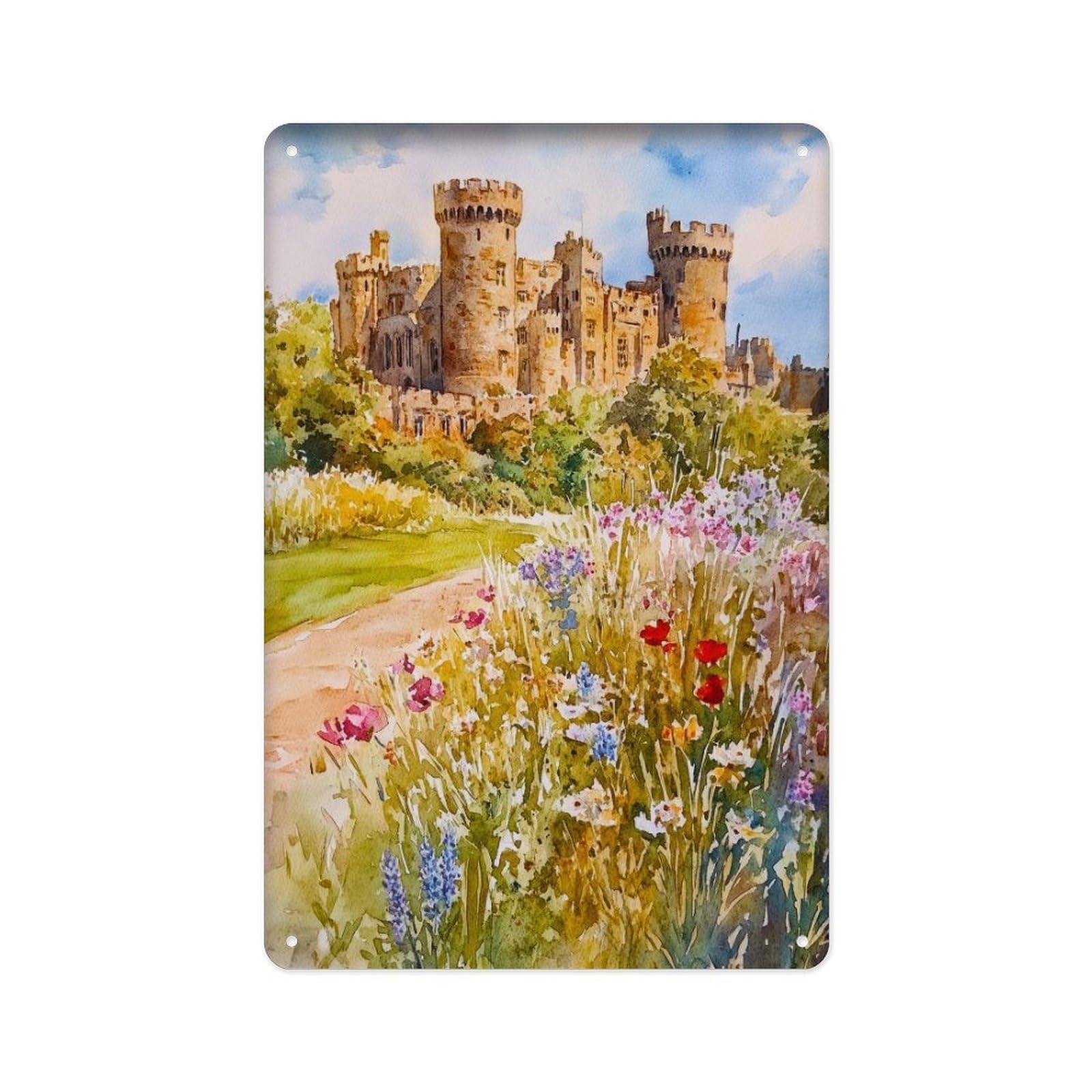 peiyeety Metal Tin Sign Alnwick Castle Watercolor Painting Artwork Northumberland Art History Castle Medieval England Decoration Gift 8 X 12 Inch