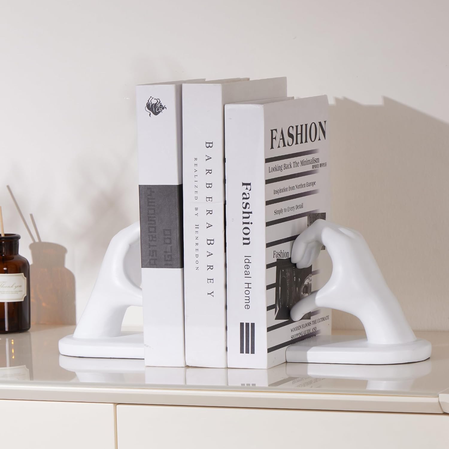 White Bookends, Heavy Duty Bookend Holder Decor, White Finger Heart Shaped, Modern Art Sculpture, Finger Home Decoration, Bookends Decorative, Boho Decor for Desktop Bedroom Study Room