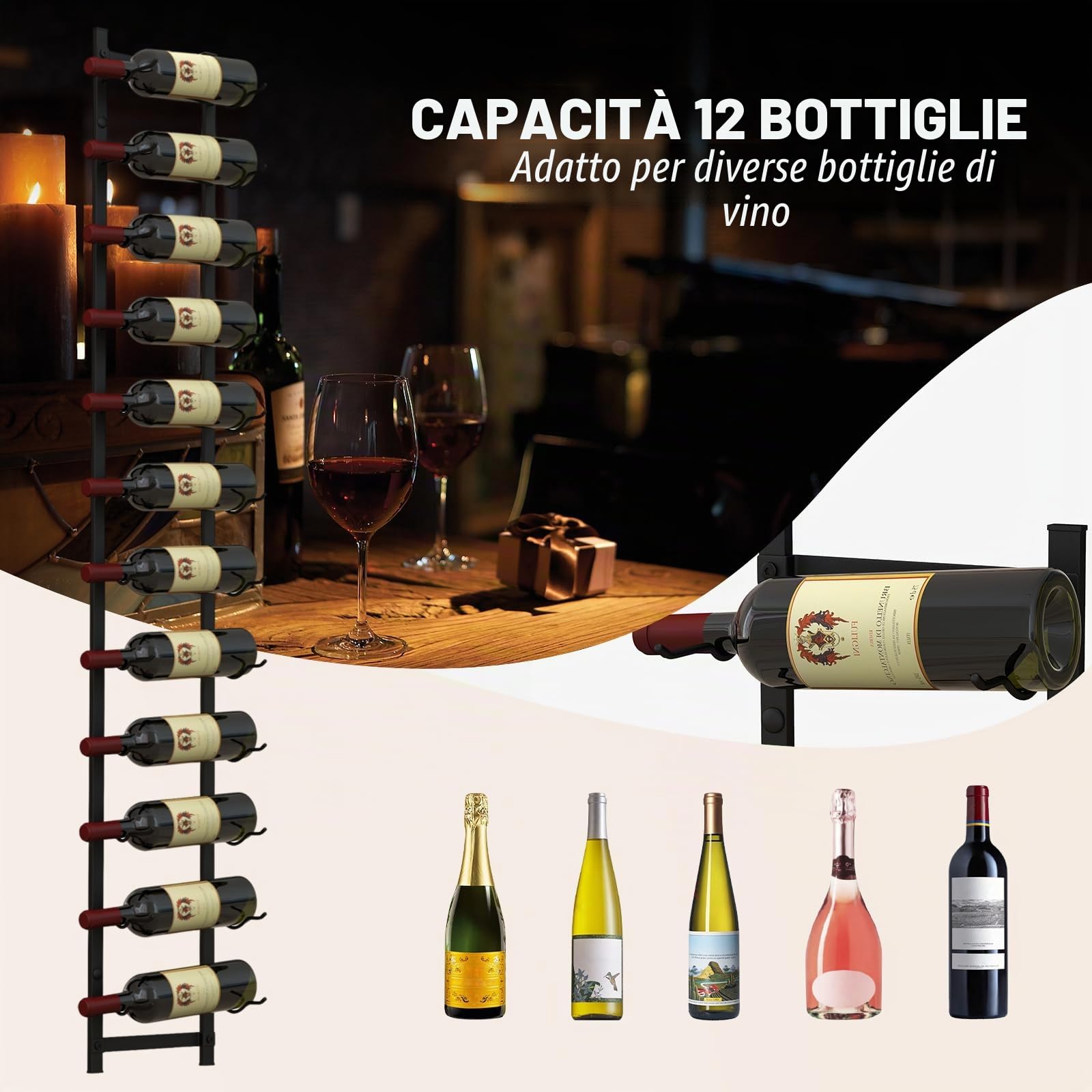 KOMFOTTEU Portabottiglie da parete per 6/9/12 bottiglie, porta metallo verticale, mensola vino decorativo, organizzatore cucina-sala da pranzo-bar (12'