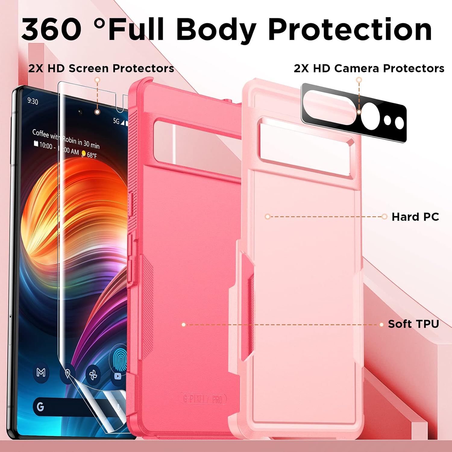 Temdan [5 in 1 for Google Pixel 7 Pro Case,with 2 Pcs [HD Soft Screen Protector+Tempered Glass Camera Lens Protector][Tough Rugged Full-Body Protection][Drop Proof] Heavy Shockproof Case-Light Pink