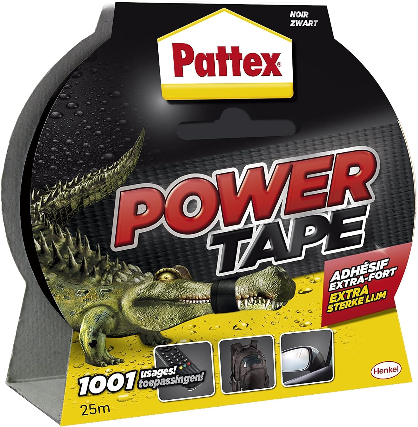 Pattex – Adhésif Power Tape extra-​fort noir (rouleau de 25 m) – Bande adhésive toilée tous supports – Ruban adhésif étanche pour charges lourdes