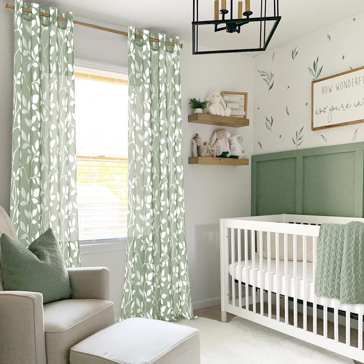 MRTREES Tende per Interni Moderne Verde Grigie Tende Trasparenti in Voile con Occhielli per Camera da Letto Soggiorno Salotto Eleganti Finestre Tenda con Stampa di Foglie 140x260 cm 2 Pezzi