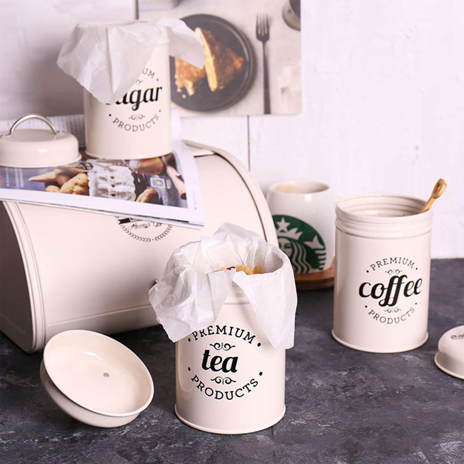 Hedume Set of 3 Airtight Kitchen Canister Decorations with Lids, Coffee, Tea, Sugar Metal Containers, Decorative Nesting Kitchen Canister Jars, Food Storage