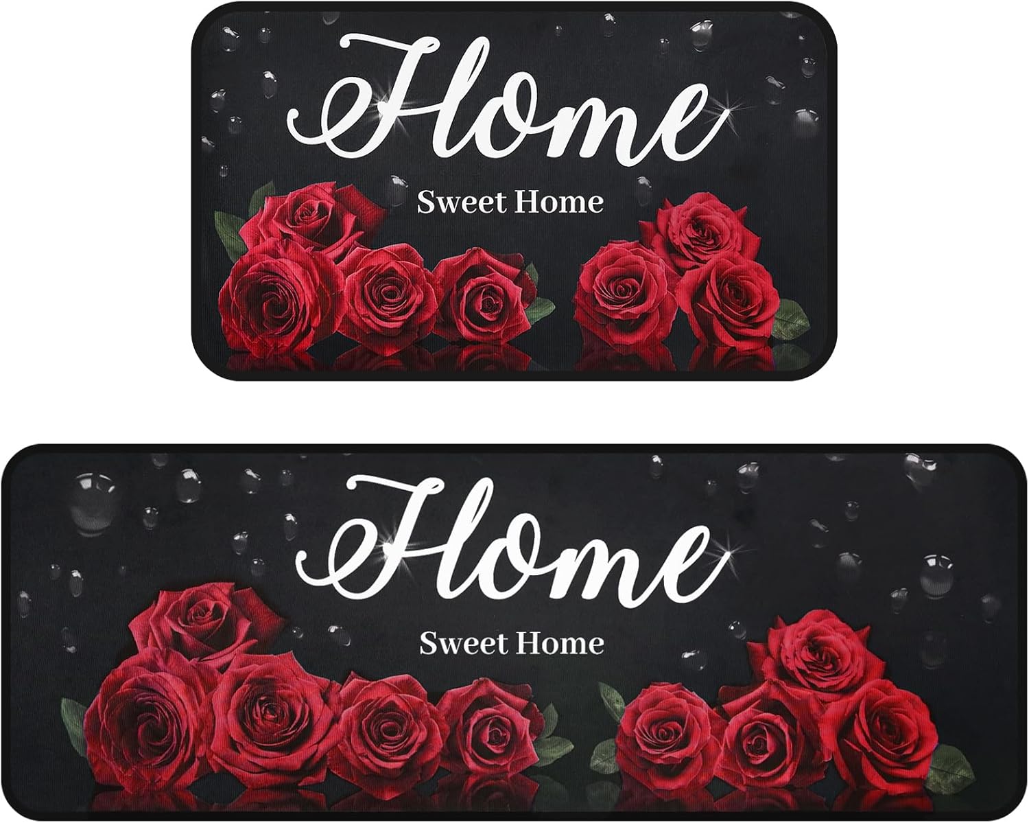 Red Floral Kitchen Mat Set of 2, Red and Black Kitchen Rugs Non-Skid Washable Kitchen Mats for Kitchen Sink Floor, Farmhouse Rose Kitchen Decor and Accessories Floral Kitchen Rug