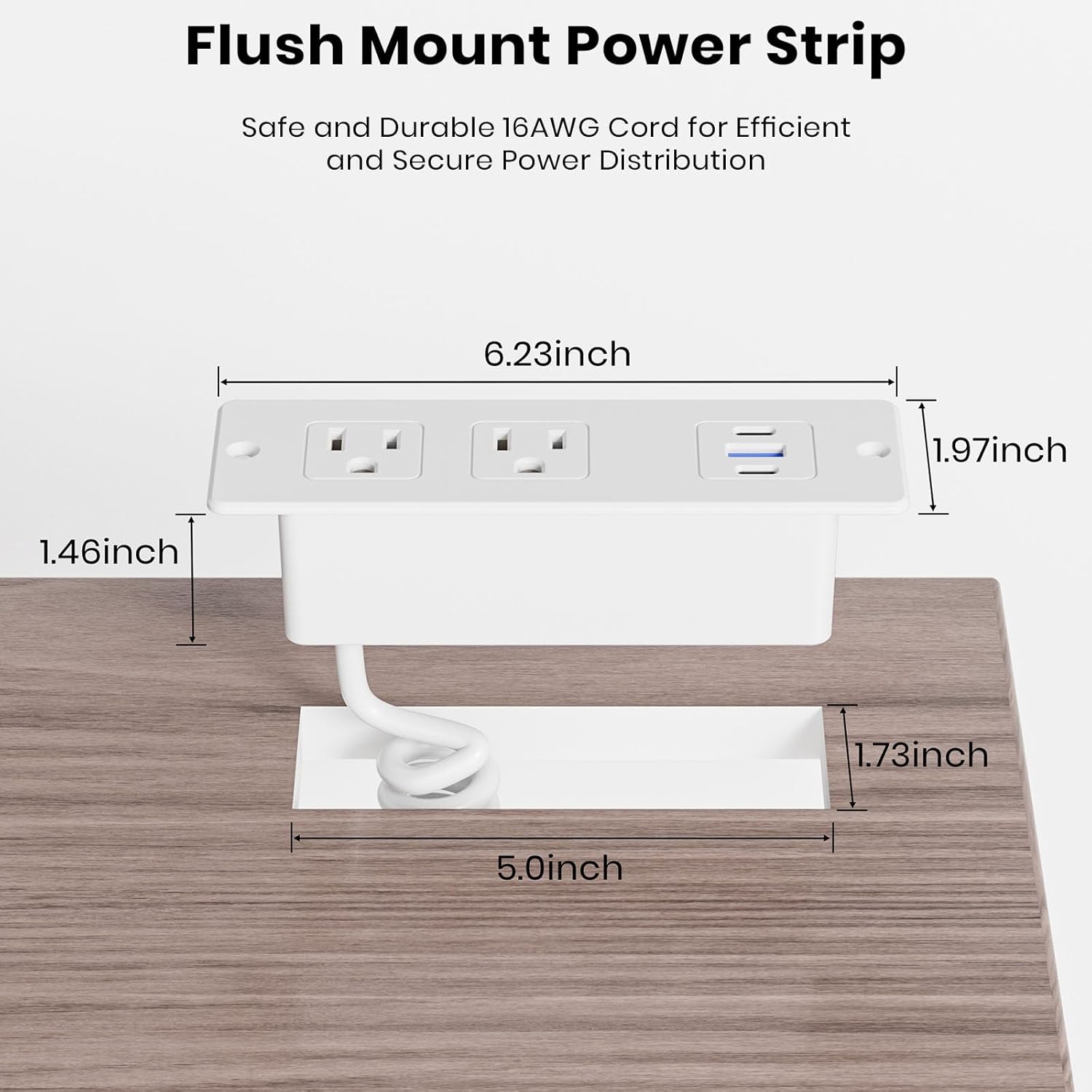 Recessed Furniture Drawer Outlet with 3 Fast-Charging USB Ports & 2 AC Outlets – 5 FT Spring Cord- White