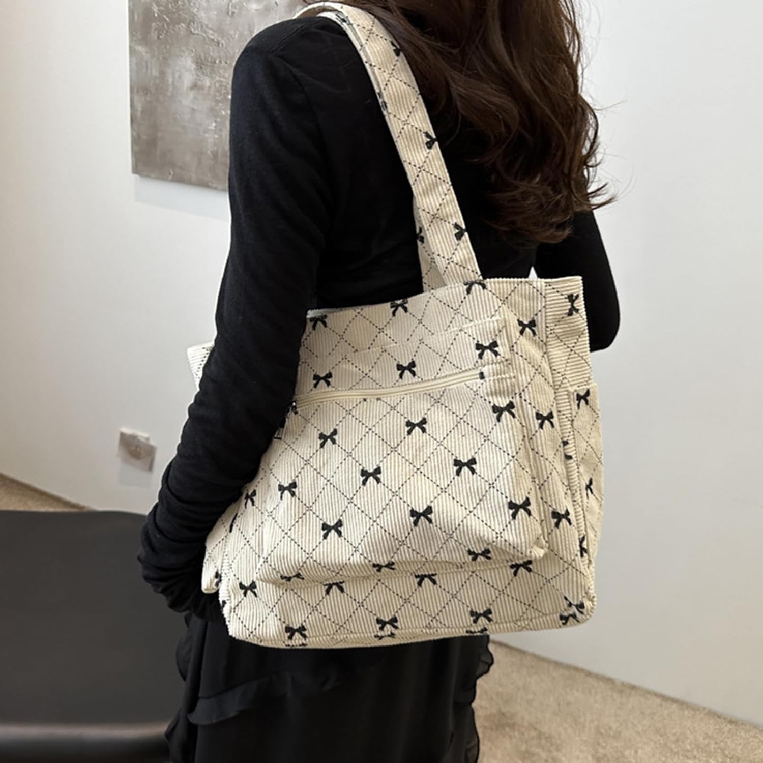 Farcauo Tote Bag for Women Cute Corduroy Shoulder Bag White Bow Tie Canvas Bags Large Capacity Travel Handbag - Image 6