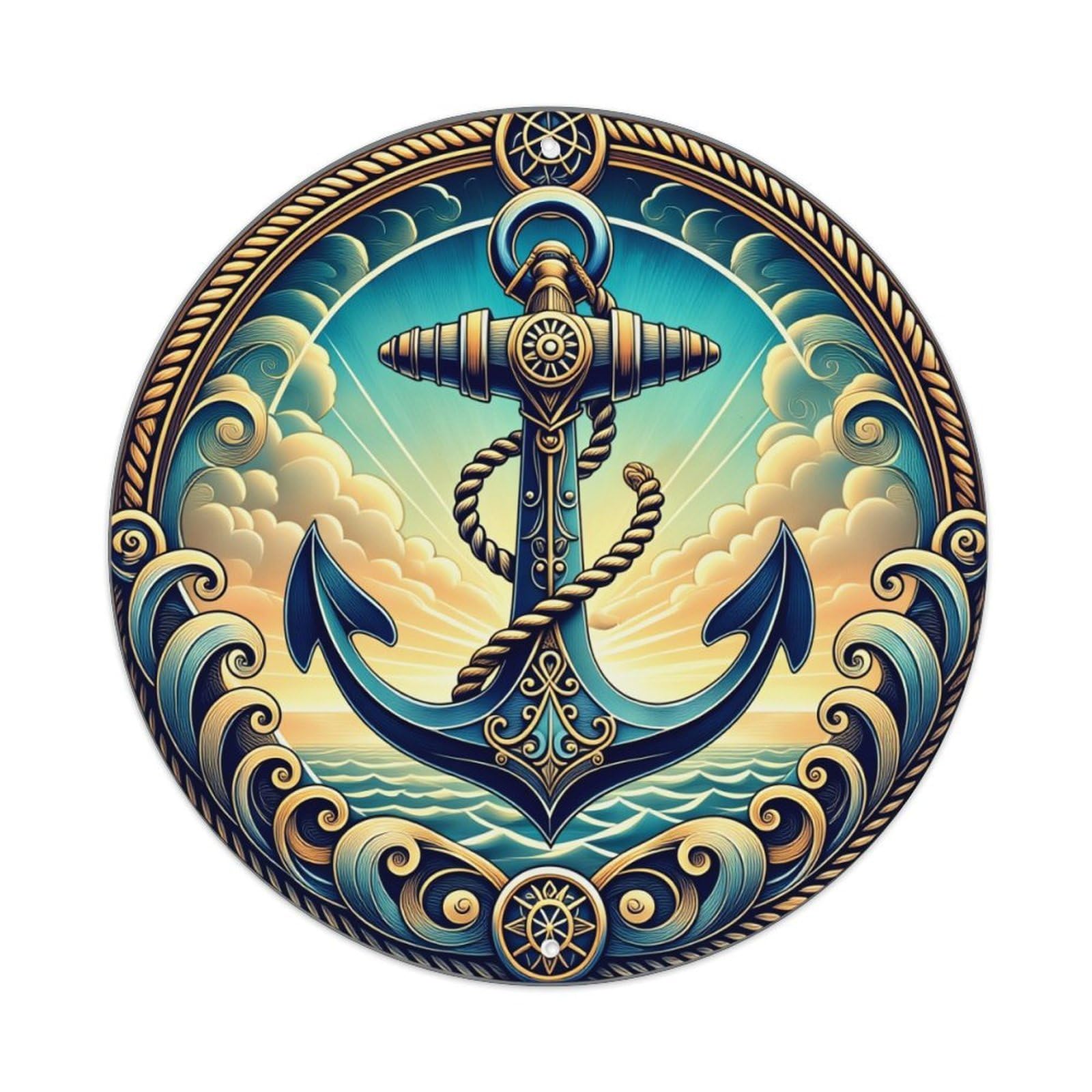 Nautical Anchor Waves Sky Rope Round Metal Tin Sign Vintage Wall Decor, Bar Garage Cafe Kitchen Home Wall Art Poster 8x8inches