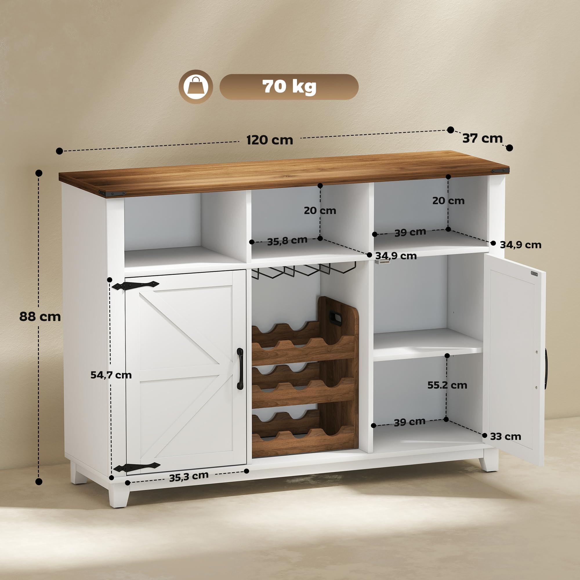 HOMCOM Aparador de Cocina con Botellero, Aparador con 2 Puertas de Granero, Estantes Ajustables y Soporte para Copas, para 9 Botellas, Buffet Auxiliar de Cocina para Comedor, Salón 120x37x88 cm Blanco