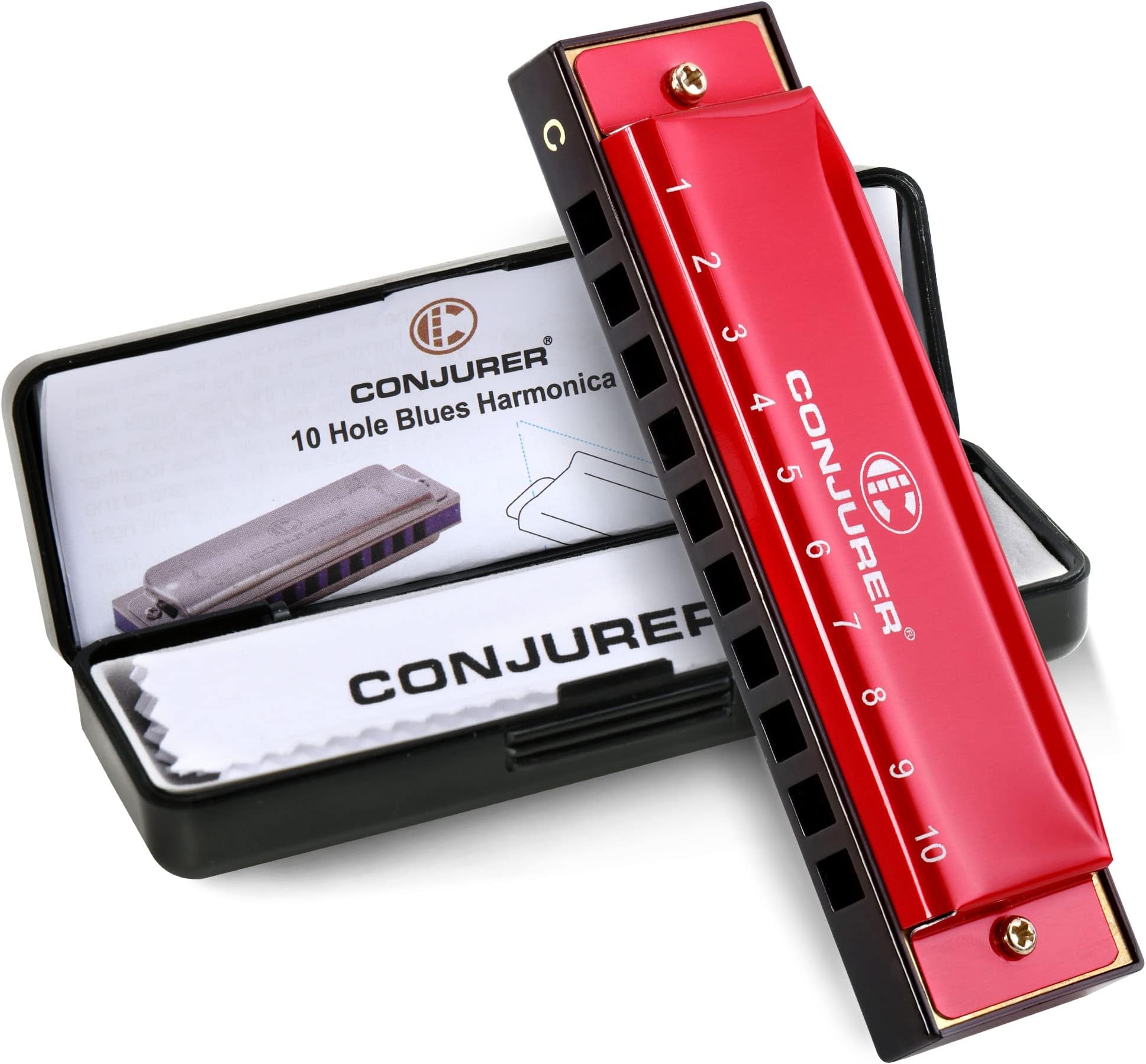 CONJURER Blues Harmonica for Students Adult Beginners 10 Hole Diatonic Harmonica Key of C, Metal Mouth Organ C Key Brass Reed with Case, Red