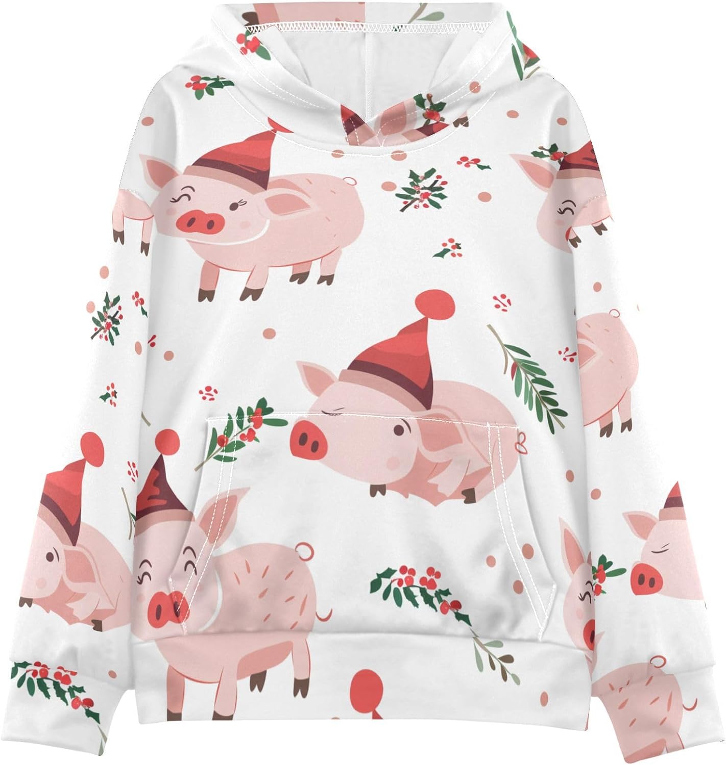 ZZXXB Pig Holly Leaves Kids Sweatshirts Boys Girls Hooded Kangaroo Pocket Pullover Tops XS-XXL